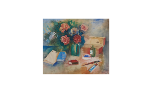 Jean Dufy - Still Life with Artist\'s Tools and Vase of Roses 19 x 23 in. (48.0 x 58.3 cm) framed 26 3/4 x 30 1/2 x 1 3/4 in.