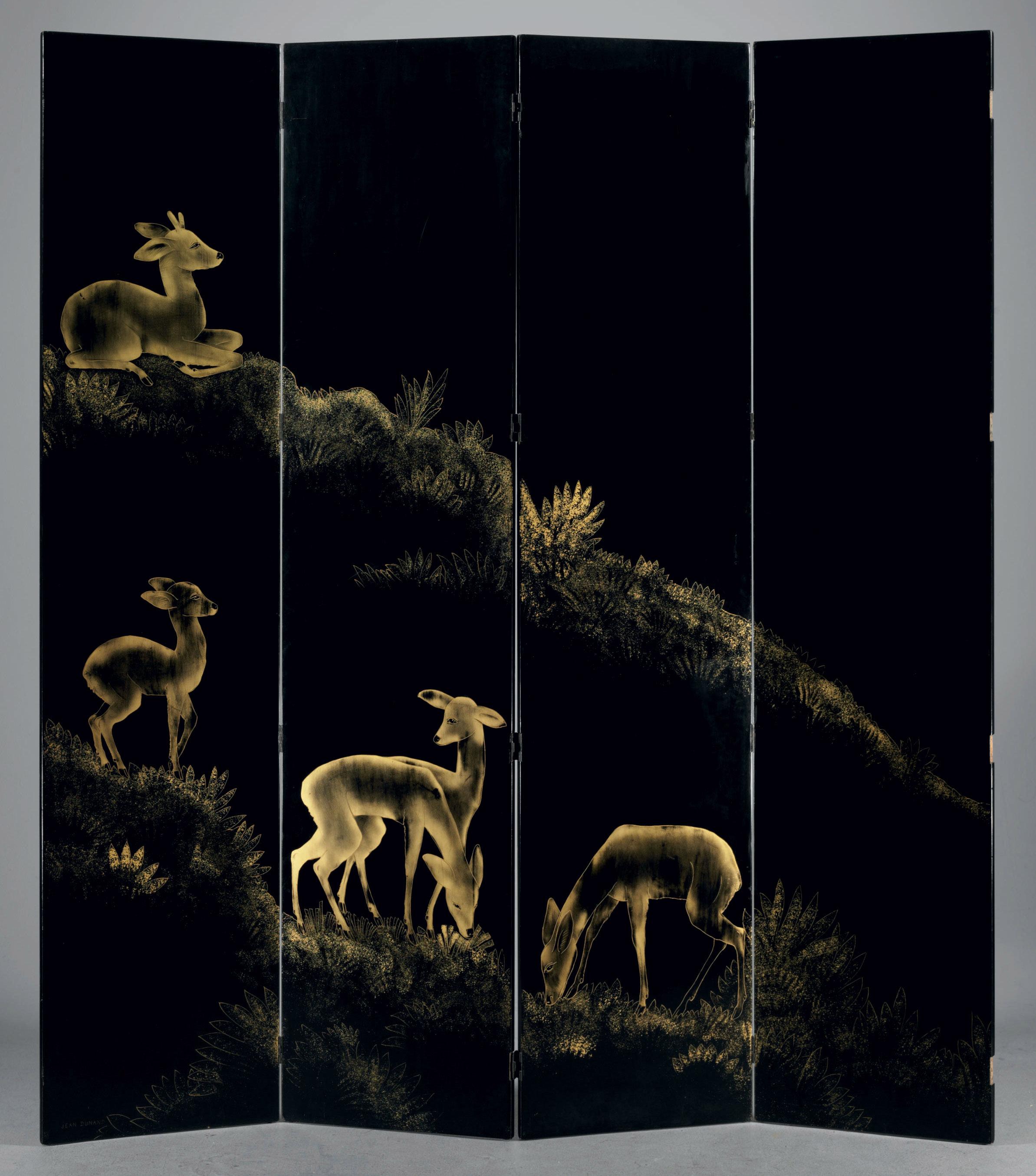 Jean Dunand - \'Les Biches\' An Eight Panel Lacquered And Parcel-Gilt Screen, 1930S