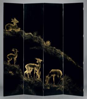 Jean Dunand - \'Les Biches\' An Eight Panel Lacquered And Parcel-Gilt Screen, 1930S