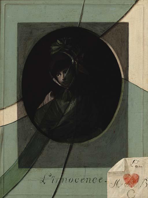 Jean Duplessis-Bertaux - A trompe l\'oeil of a framed mezzotint entitled L\'Innocence, with shattered glass