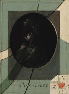 Jean Duplessis-Bertaux - A trompe l\'oeil of a framed mezzotint entitled L\'Innocence, with shattered glass