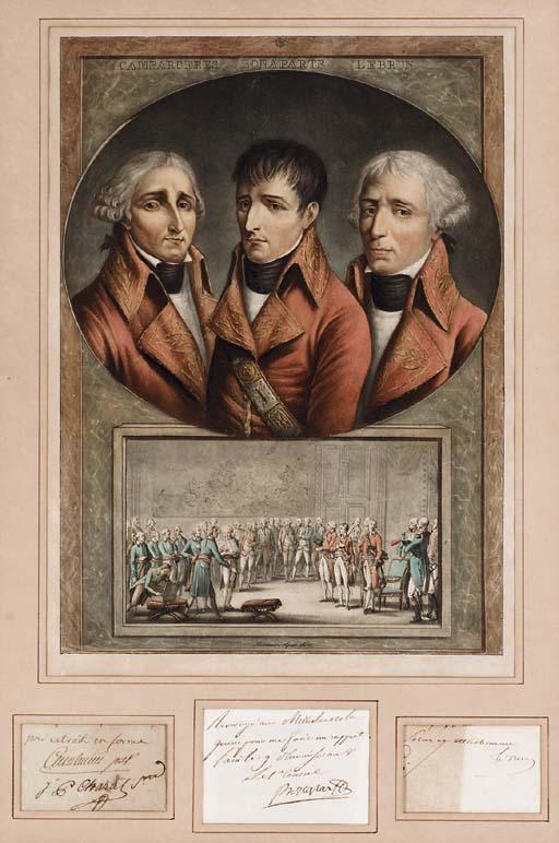 Jean Duplessis-Bertaux - Napoleon I, Cambacérès & Lebrun: A group portrait of the three consuls, above view of Senate Chamber
