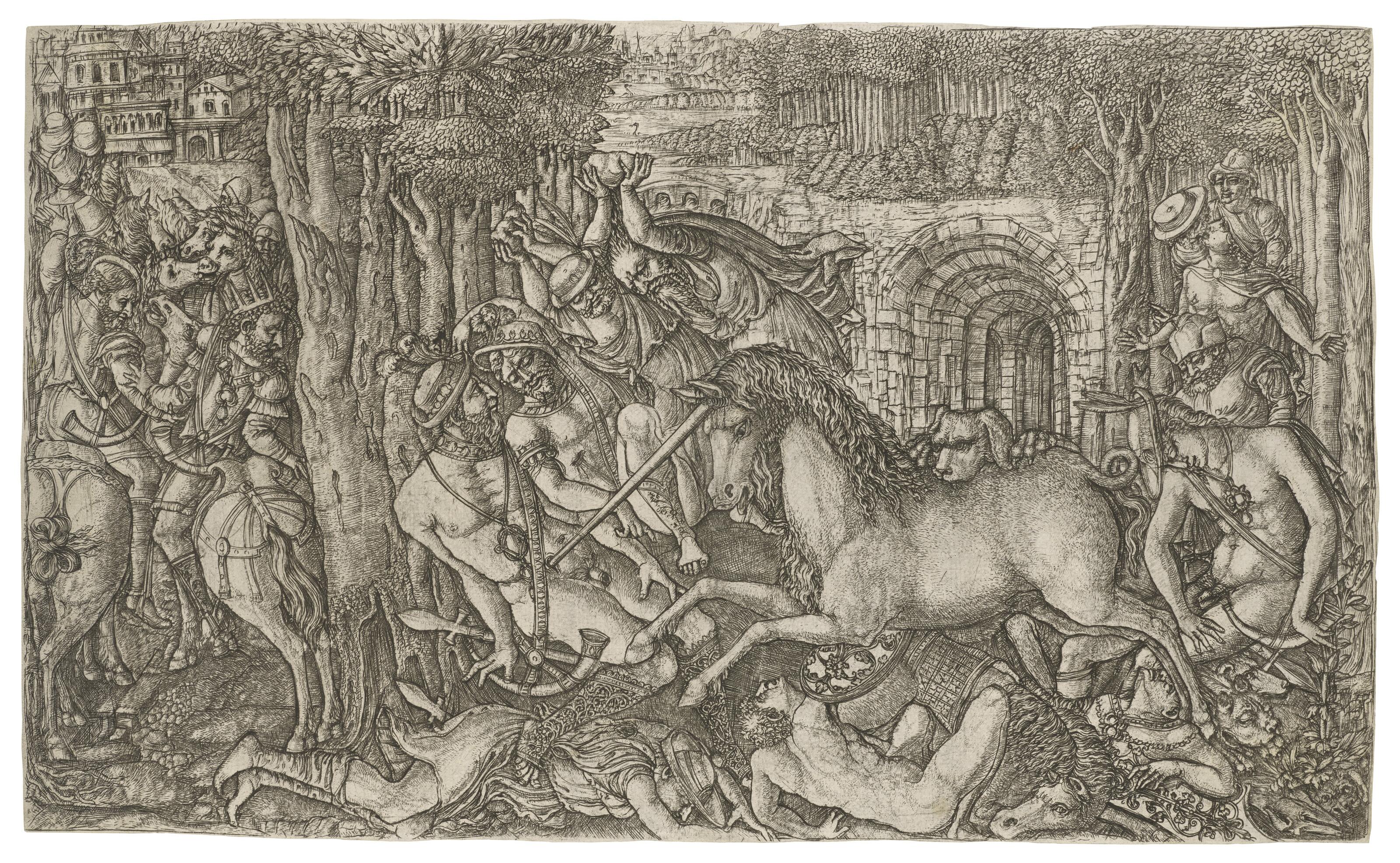 Jean Duvet - A King pursued by a Unicorn (\'La chasse royale assaillie par une licorne\'), from: The Unicorn Series