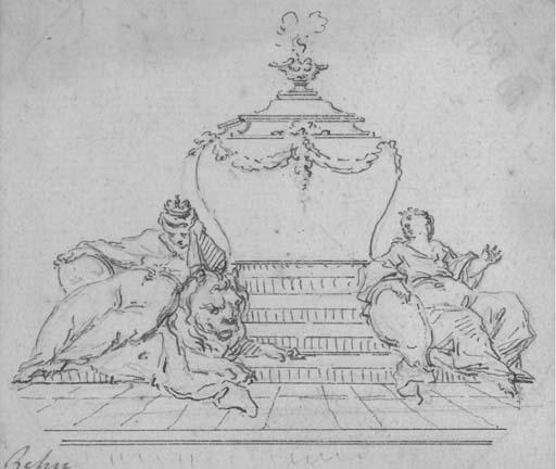 Jean-Eric Rehn - Projet de tombeau avec deux figures allégoriques s\'appuyant sur un lion et sur un blason