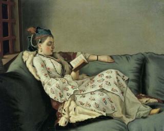 Jean-Etienne Liotard - \'La sultane lisant\'; a lady in Turkish costume reading on a divan