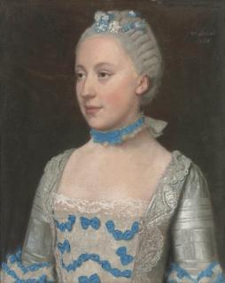 Jean-Etienne Liotard - Portrait of Madame Saint Pol, half-length, in a light blue gown trimmed with blue silk bows and white lace