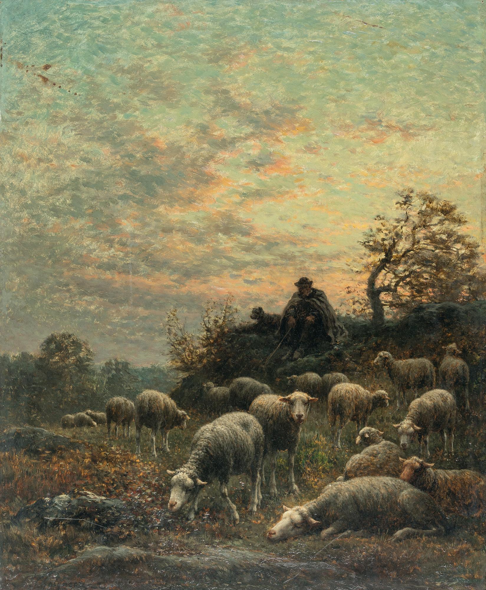 Jean-Ferdinand Chaigneau - Schafherde mit Hirten und Hund an einem bewaldeten Hügel im Abendrot