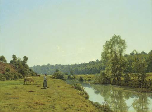 Jean Ferdinand Monchablon - A Woman and Cow in a River Landscape