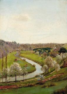 Jean Ferdinand Monchablon - Cattle grazing at the bend of the river, a wood beyond