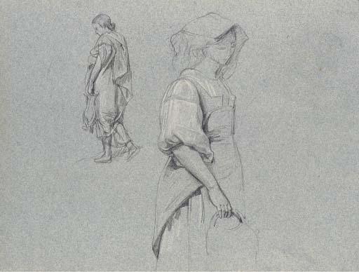 Jean-François-Armand Bernard - A stooping girl in a white dress; and Two studies of a girl carrying a pitcher (recto), and Two studies of a girl with a basket (verso)