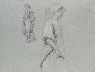 Jean-François-Armand Bernard - A stooping girl in a white dress; and Two studies of a girl carrying a pitcher (recto), and Two studies of a girl with a basket (verso)