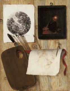 Jean-François de la Motte - A trompe-l\'oeil: A palette with a spatula and paint brushes, an engraving, an oil painting, and a drawing with a pen and compass on a wooden partition