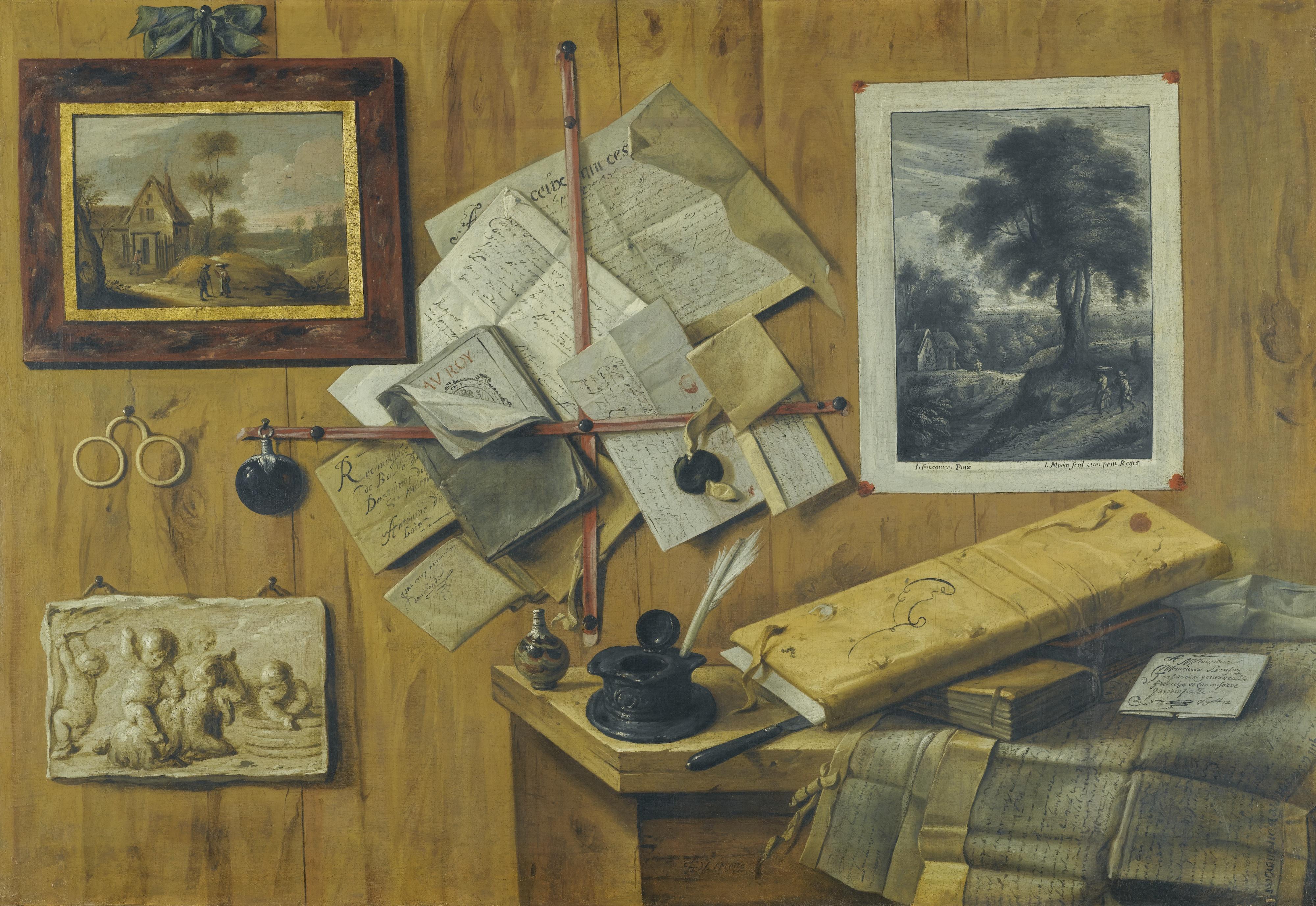 Jean François De La Motte - A Trompe L\'Oeil Still Life, With A Painted Landscape, A Relief And A Mezzotint Of Peasants By A Cottage