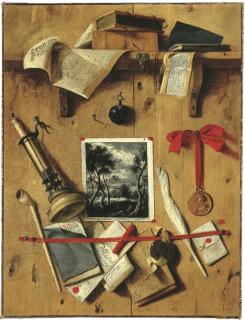 Jean-François De Le Motte - A trompe l\'oeil still life of a landscape print, a candle, a medal, a pipe, books and documents affixed to a partition