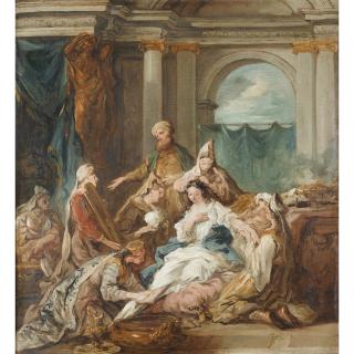 Jean-François De Troy - La Toilette D\'Estherjean-François De Troy ; Esther At Her Toilet ; Oil On Canvas ; The Present Lot Will Be Sold With The Framed Engraving Of The Composition.
