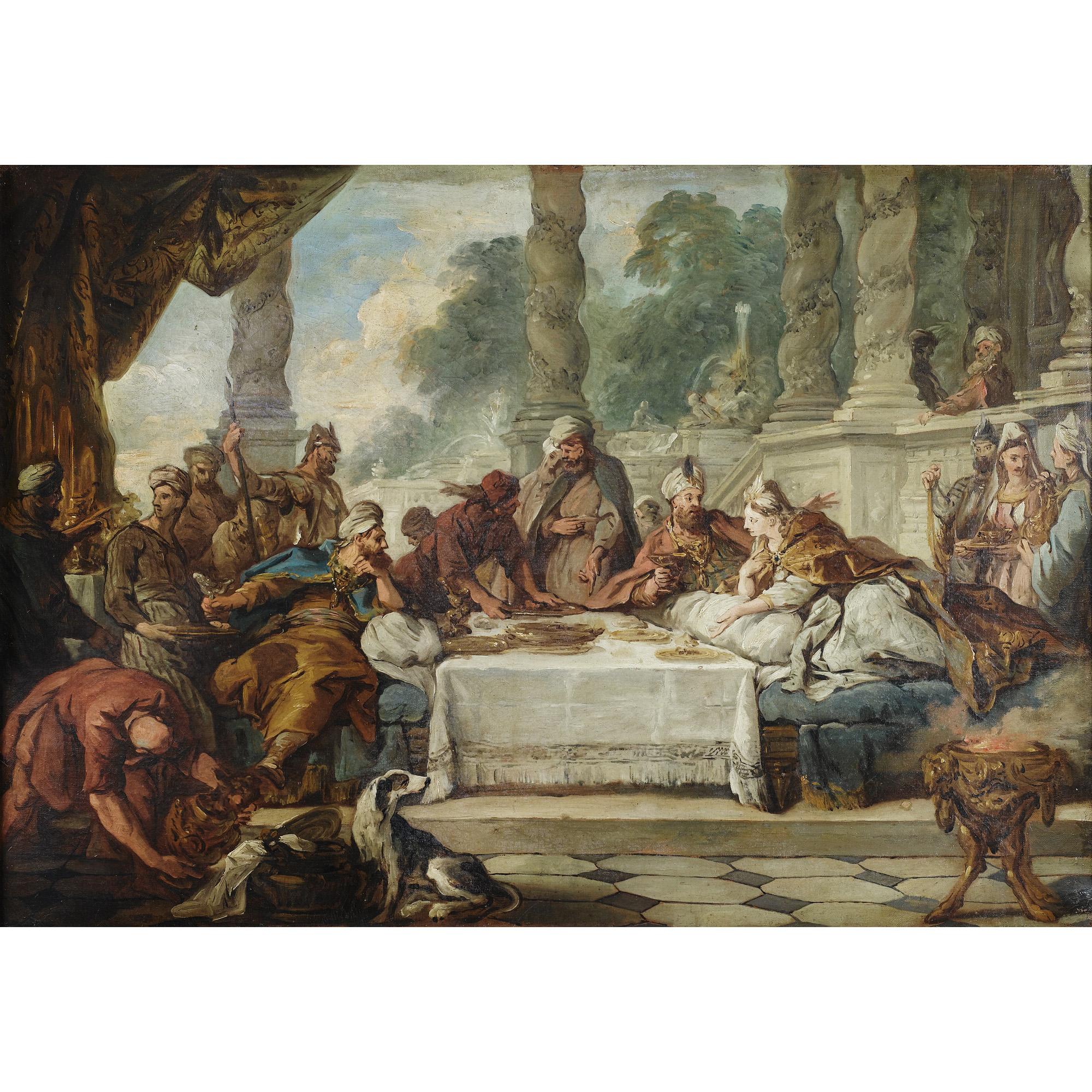 Jean-François De Troy - Le Repas D\'Esther Et D\'Assuerusjean-François De Troy ; The Meal Of Esther And Ahasuerus ; Oil On Canvas ; The Present Lot Will Be Sold With The Framed Engraving Of The Composition.