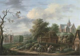 Jean-François de Wouters - A Wooded Landscape With A Riding Party On A Track Near An Inn, A Castle And A Church Beyond