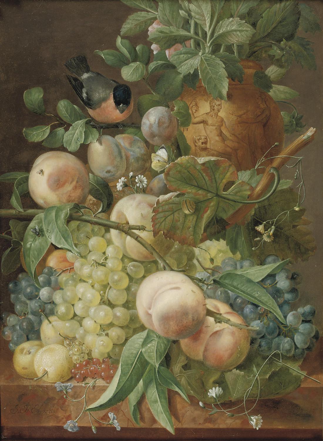 Jean-François Eliaerts - Grapes, peaches, berries and other fruit with a bird near a sculpted vase, all on a marble ledge