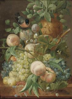 Jean-François Eliaerts - Grapes, peaches, berries and other fruit with a bird near a sculpted vase, all on a marble ledge
