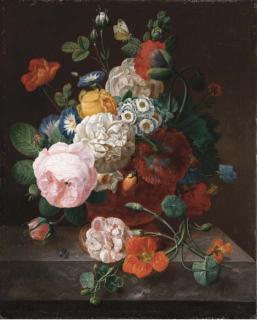 Jean-François Eliaerts - Roses, peonies, morning glories and other flowers in an urn on a ledge