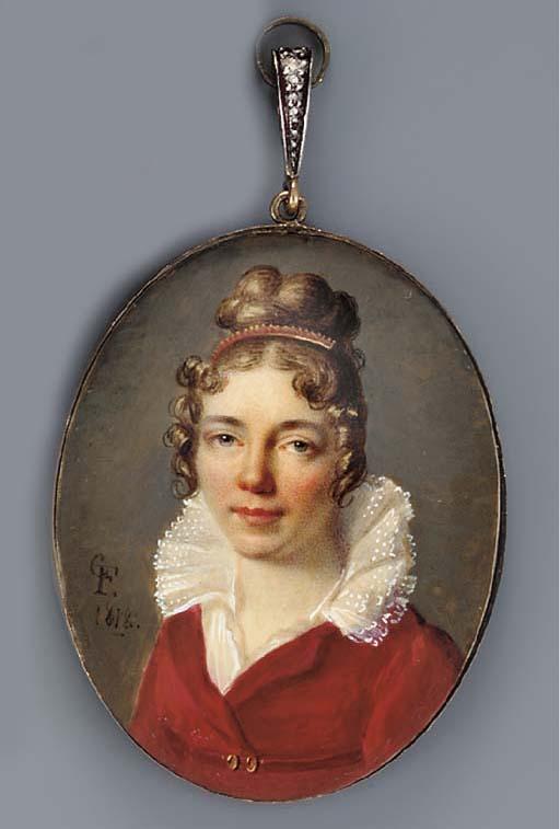 Jean-François-Gérard Fontallard - A young lady, full face in maroon dress, gold clasped belt, white shirt with high standing spotted collar, coral and gold comb in her upswept and curled fair hair