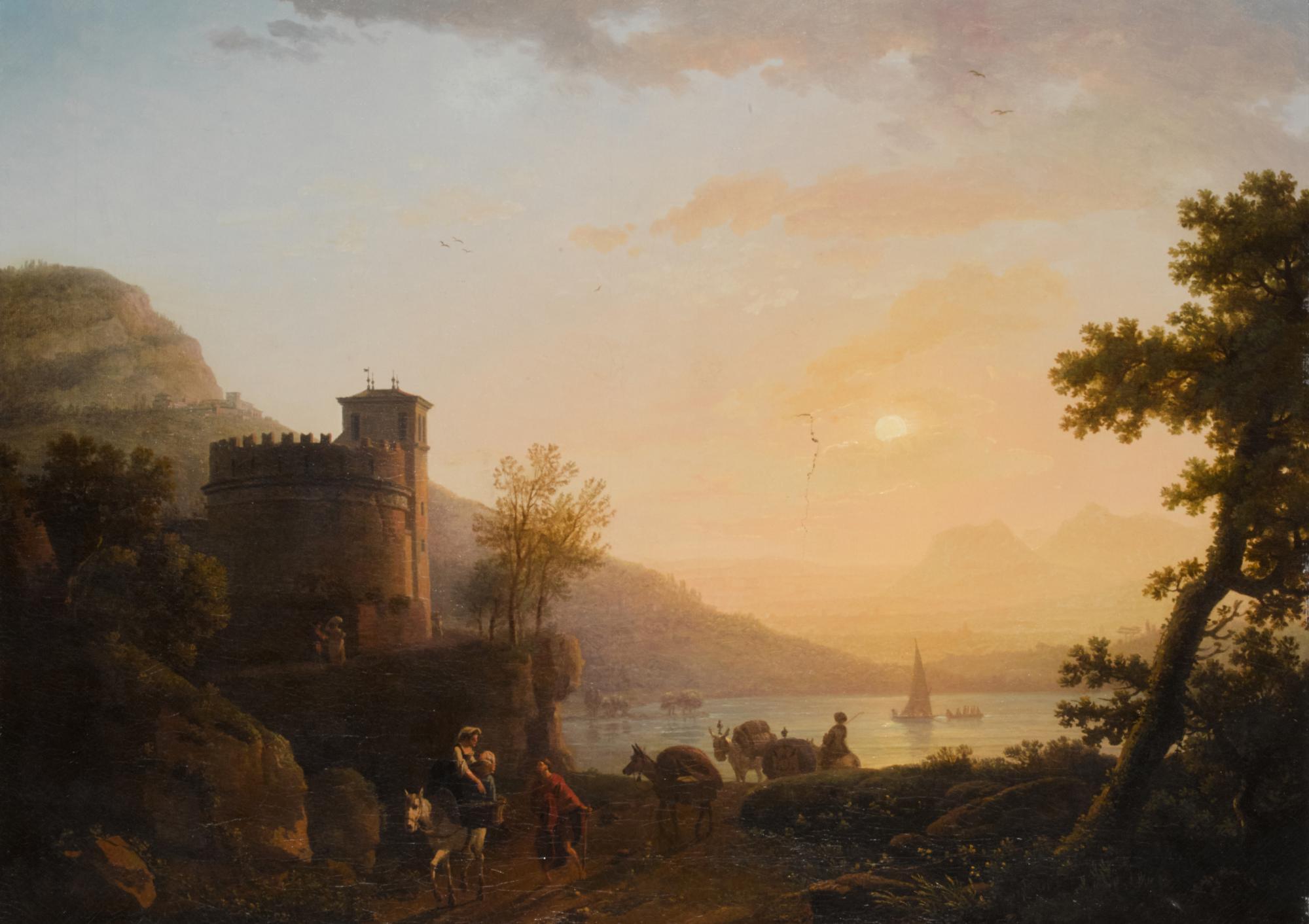 Jean-François Huë - A Coastal Landscape At Sunset, With Travellers By A Fortified Tower