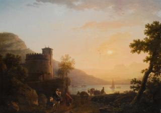 Jean-François Huë - A Coastal Landscape At Sunset, With Travellers By A Fortified Tower