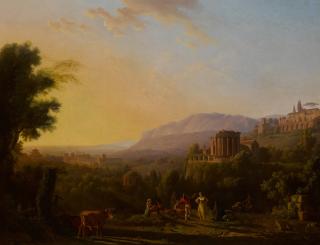 Jean-François Hue - A group of peasants dancing in a landscape, with cows in the foreground and a view of a valley and village at sunset beyond