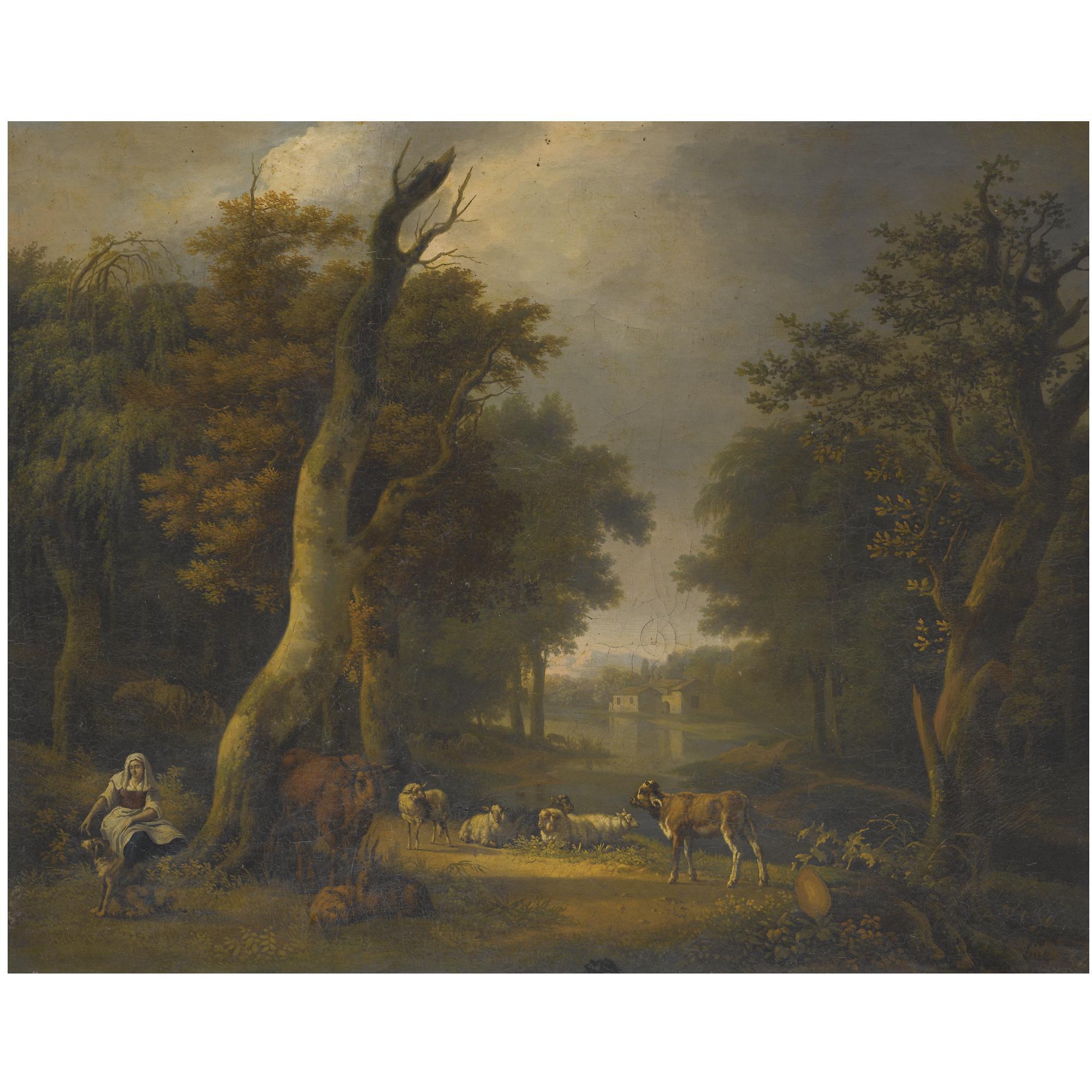 Jean-François Hué - A Pastoral Landscape With A Peasant And Her Animals