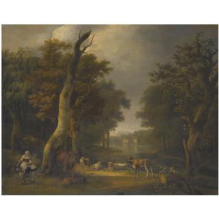 Jean-François Hué - A Pastoral Landscape With A Peasant And Her Animals