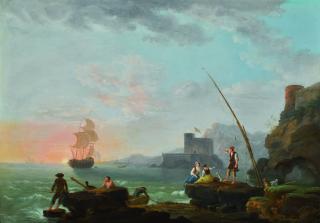 Jean-François Hué - Fisherman And Other Figures Along A Shoreline, A Sailboat In The Distance