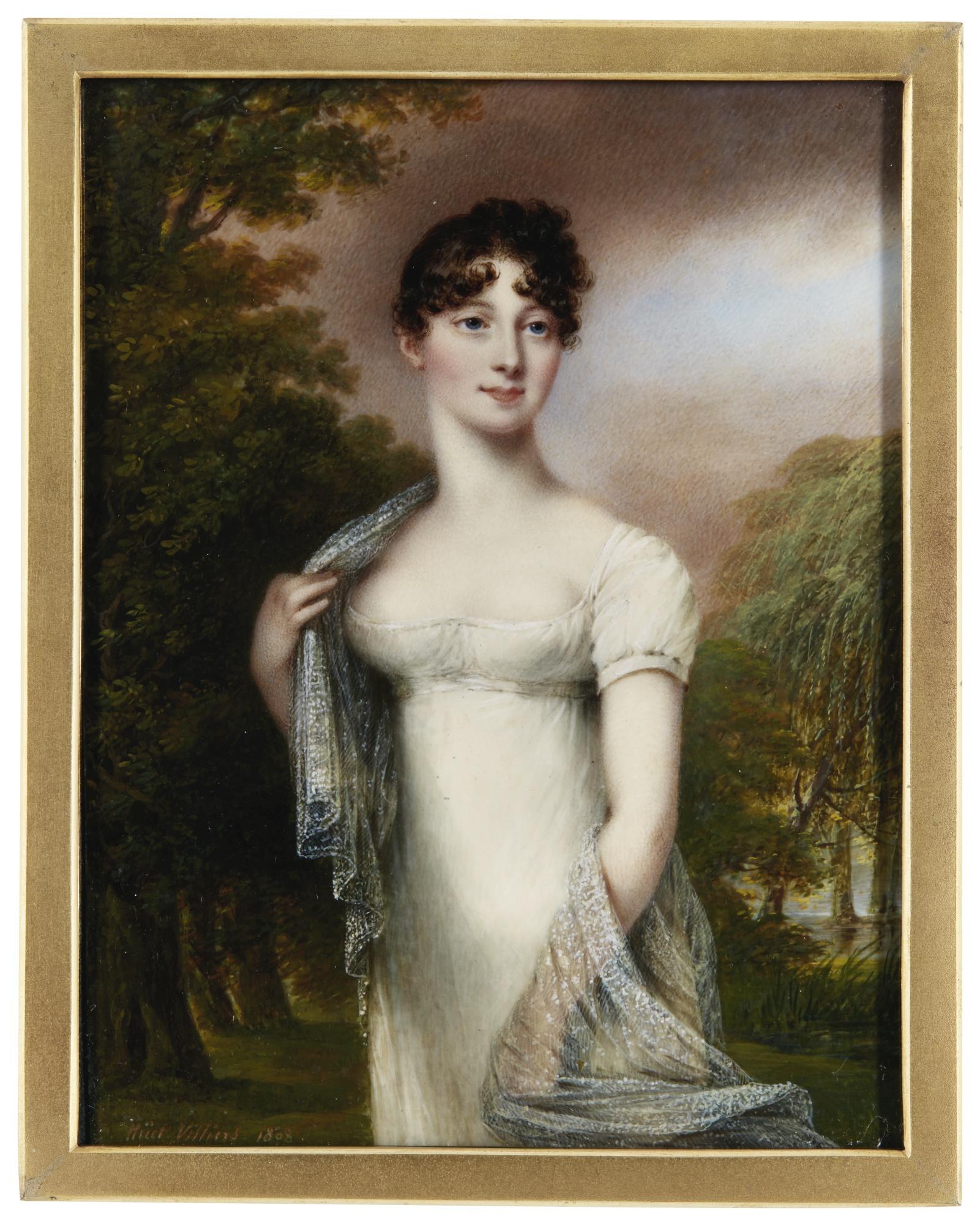 Jean Francois Marie Huet-Villiers - Portrait Of A Lady Standing In A Parkland 