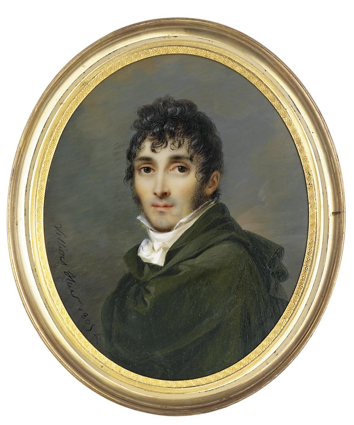 Jean-François-Marie Villiers-Huet - A young gentleman, in green cloak, white shirt with knotted cravat