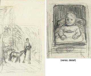 Jean-François Millet - A shepherdess carrying a baby, with a sheep (recto); Marguerite Sensier (verso)