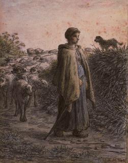 Jean-François Millet - A sherpherdess with her flock, a dog on a bank to the right