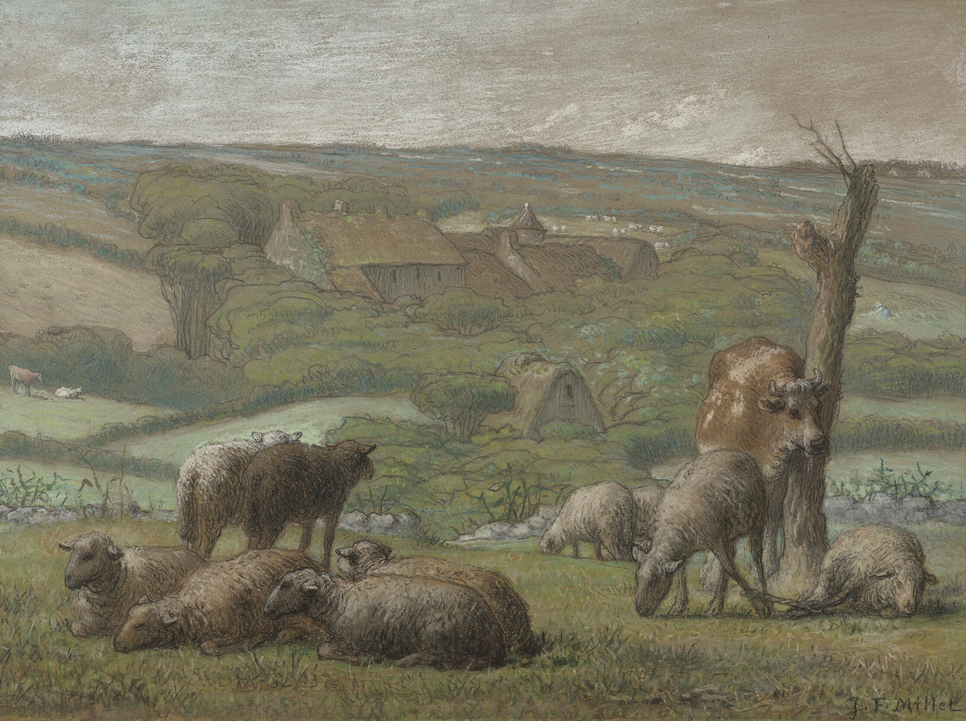 Jean-François Millet - Paysage rural avec vache et moutons : la ferme du Lieu-Bailly