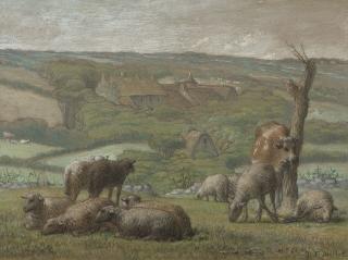 Jean-François Millet - Paysage rural avec vache et moutons : la ferme du Lieu-Bailly