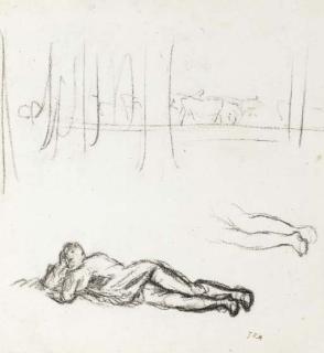 Jean-François Millet - Un Homme Allongé Avec Une Étude Subsidiaire de Jambes, Un Paysage Au Fond