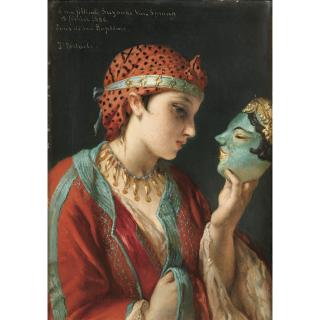 Jean-François Portaels - Fillette Regardant Un Masquejean-François Portaels ; Portrait Of A Young Girl With A Mask ; Signed Dedicated And Dated 1886 Upper Left ; Oil On Panel