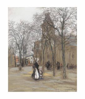 Jean-François Raffaëlli - Mère et fille dans la place de l\'église