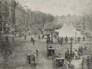Jean François Raffaëlli - Paris, La Place De Saint Michel Avec Le Quai Des Grands Augustins Et Le Pont Saint Michel Au Premier Plan Et Le Pont Neuf Et Le Louvre A L’Arrière Plan