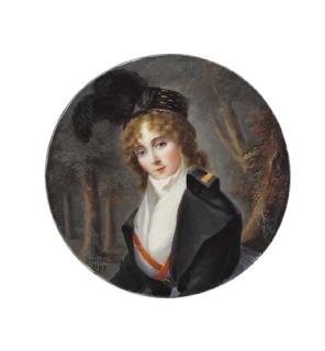 Jean-François Soiron - A Young Lady In A Wood, In Black Coat, Red-Bordered Purple Dress With Black Belt With Gold Buckle, White Fichu And White Stock, Gold Earrings, Plumed Black Hat In Her Long Curling Hair