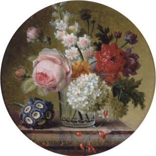 Jean-François van Dael - Cabbage rose, marigold, hyacinth, poppy anemones, opium poppy, snowball and scarlet runner bean in a glass beaker on a marble ledge with auricula