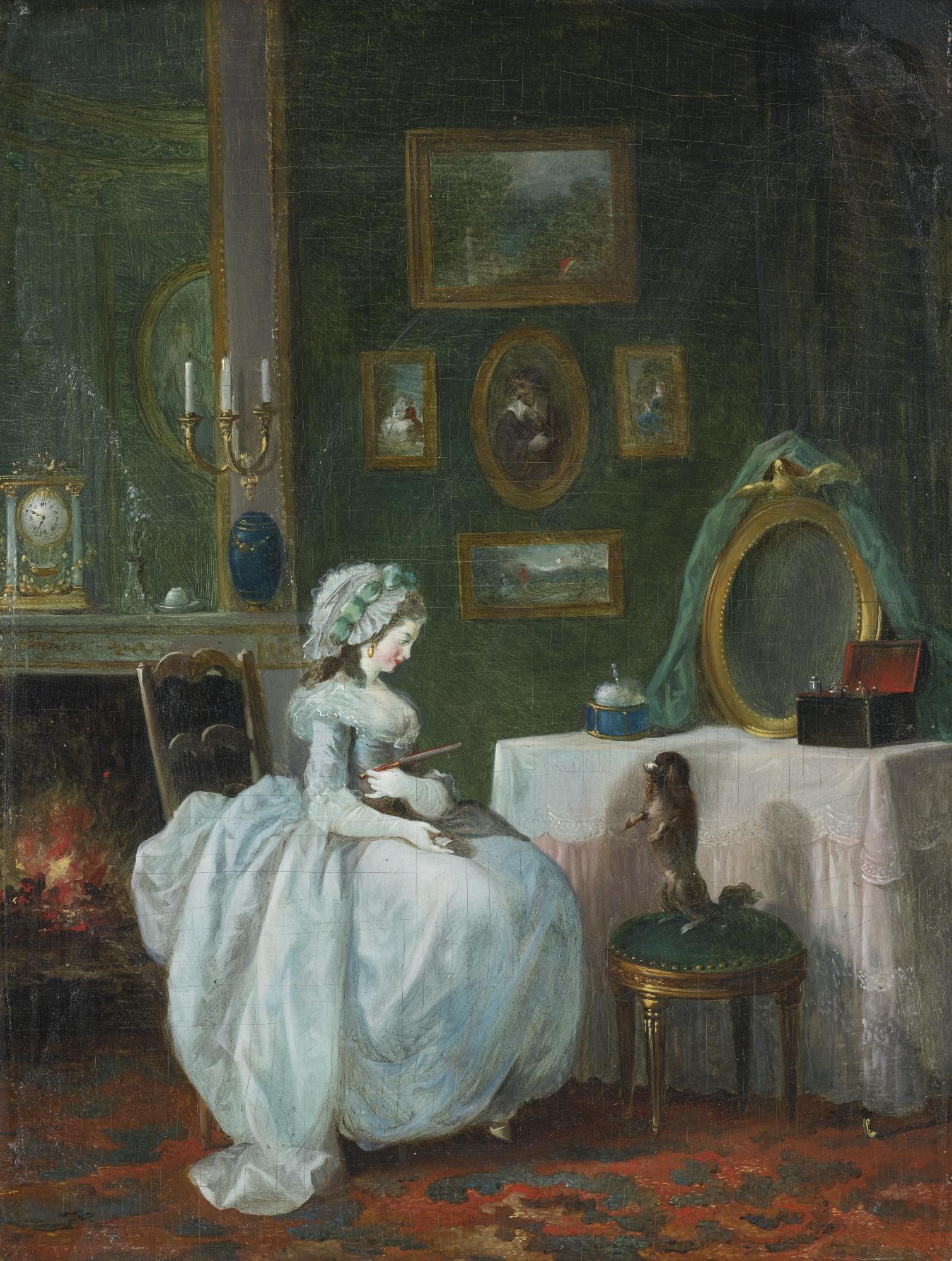 Jean-Frédéric Schall - A Lady At Her Dressing Table With A Dog