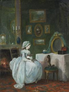 Jean-Frédéric Schall - A Lady At Her Dressing Table With A Dog
