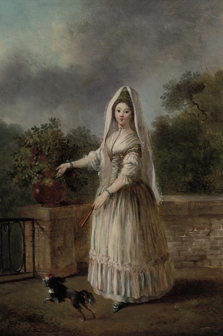 Jean-Frédéric Schall - Portrait of a lady, full-length, in masquerade dress, on a terrace with a spaniel