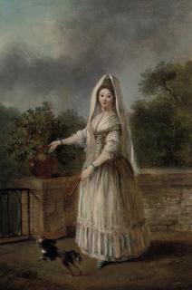 Jean-Frédéric Schall - Portrait of a lady, full-length, in masquerade dress, on a terrace with a spaniel