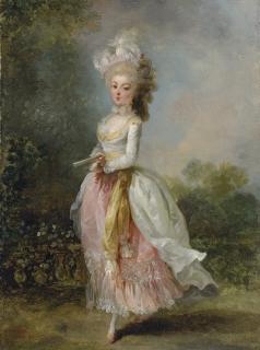 Jean-Frédéric Schall - Portrait of a lady, said to be Marie-Madeleine Guimard, called Mademoiselle Guimard, ballerina of the Paris Opéra (1743-1816), full-length, in a pink-and-white dress with a yellow sash and a feathered hat, holding a fan