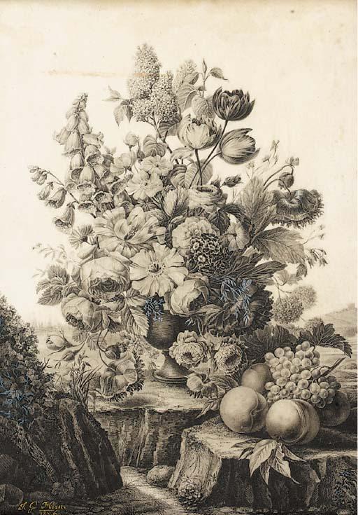 Jean-Georges Hirn - A vase of peonies, foxgloves, tulips and other flowers in an extensive landscape