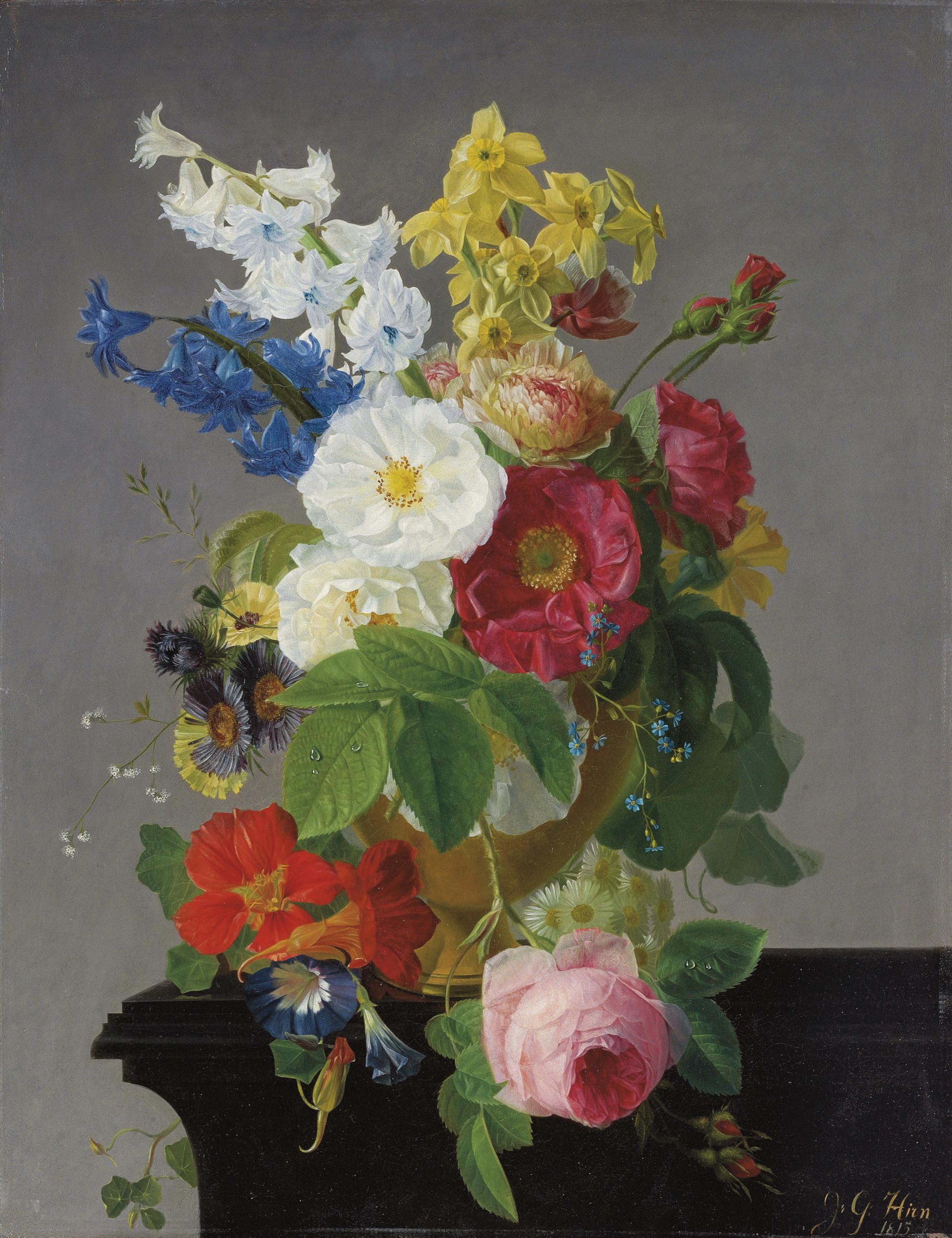 Jean Georges Hirn - Camelias, narcissi, morning glory, a rose and other flowers in a gold urn on a wooden ledge